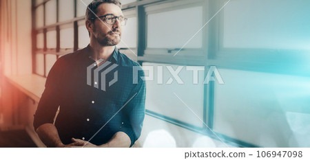 Thinking, mockup or professional man, designer or expert brainstorming plan, business vision development or agency work. Advertising company light, inspiration or creative person planning design idea 106947098