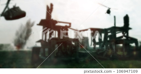 Military, warzone and apocalypse with helicopter on battlefield for missile, army and bomb launch. Warrior, solider and target with fight and explosion in city for mission, rocket and nuclear attack Military, warzone and apocalypse with helicopter on battlefield for missile, army and bomb launch. Warrior, solider and target with fight and explosion in city for mission, rocket and nuclear attack 106947109