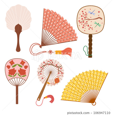 Collection Of Exquisite Asian Hand Fans, Adorned With Intricate Designs, Tassels And Vibrant Colors and Patterns Collection Of Exquisite Asian Hand Fans, Adorned With Intricate Designs, Tassels And Vibrant Colors and Patterns 106947110