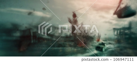 Army, warzone and explosion with conflict on battlefield for military, nuclear missile launch and apocalypse. Warrior, bomb and attack with target on city for banner, destruction and Armageddon Army, warzone and explosion with conflict on battlefield for military, nuclear missile launch and apocalypse. Warrior, bomb and attack with target on city for banner, destruction and Armageddon 106947111