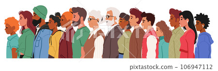 Characters Standing In Profile Face Sideways With Their Bodies And Faces Turned To One Side, Vector Illustration 106947112