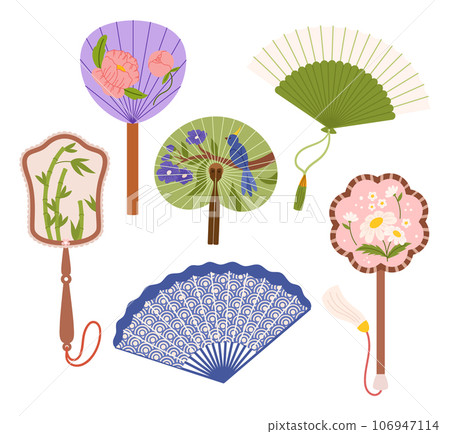 Collection Of Exquisite Asian Hand Fans, With Intricate Designs, Vibrant Colors, Delicate Materials, Flowers and Birds Collection Of Exquisite Asian Hand Fans, With Intricate Designs, Vibrant Colors, Delicate Materials, Flowers and Birds 106947114