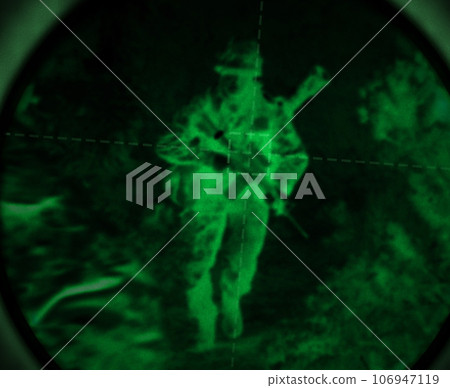 Dark, night vision and soldier in the military, war or mission for army with surveillance, security or agent of government. Green, man or person with overlay of sniper telescope view or enemy Dark, night vision and soldier in the military, war or mission for army with surveillance, security or agent of government. Green, man or person with overlay of sniper telescope view or enemy 106947119