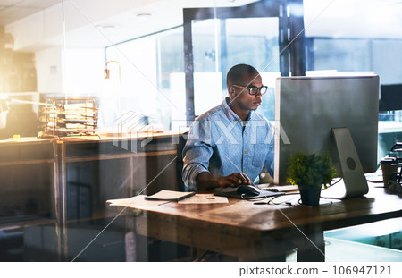 Business man, working and computer with office typing and project web research with connectivity. African male worker, technology and coding for website management or company with tech and internet 106947121