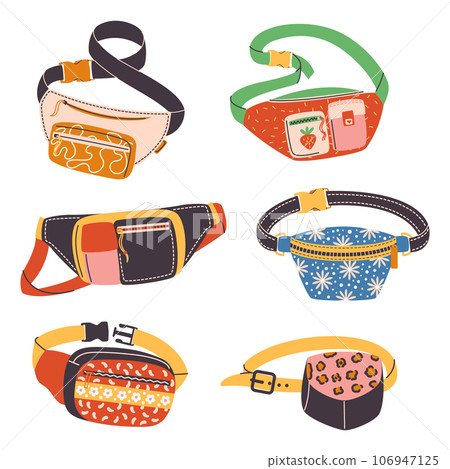 Waist Bags For Essentials During Outdoor Activities Or Travel. Isolated Set Of Fanny Packs, Compact, Convenient Storage 106947125
