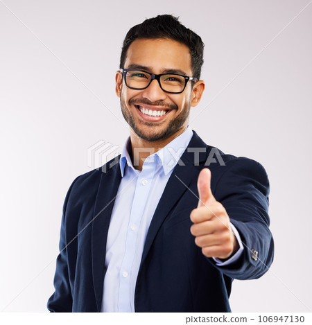 Smile, glasses and thumbs up by businessman happy and accept vision isolated against a white studio background. Corporate, employee and portrait of an entrepreneur showing thank you sign as agreement Smile, glasses and thumbs up by businessman happy and accept vision isolated against a white studio background. Corporate, employee and portrait of an entrepreneur showing thank you sign as agreement 106947130