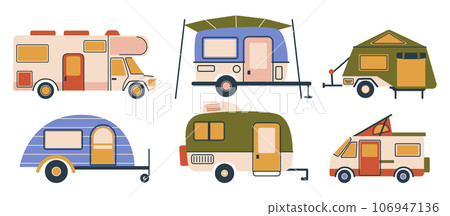 Camper Vans Set, Versatile Vehicles For Travel And Camping, Equipped With Sleeping, Cooking, And Living Amenities Camper Vans Set, Versatile Vehicles For Travel And Camping, Equipped With Sleeping, Cooking, And Living Amenities 106947136