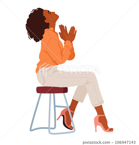 Black Woman Sits Gracefully In A Chair, Her Palms Clapping Together In Appreciation, A Warm Smile On Her Face 106947143