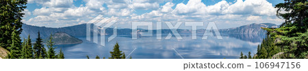 Panoramic view of Crater Lake and Wizard Island in Oregon  106947156
