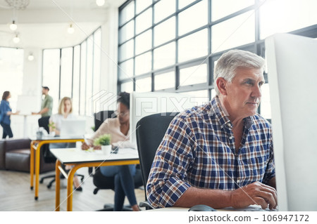 Business, office building and senior man with computer working on website research, email and project. Productivity, corporate agency and elderly worker at desk for planning, schedule and strategy Business, office building and senior man with computer working on website research, email and project. Productivity, corporate agency and elderly worker at desk for planning, schedule and strategy 106947172