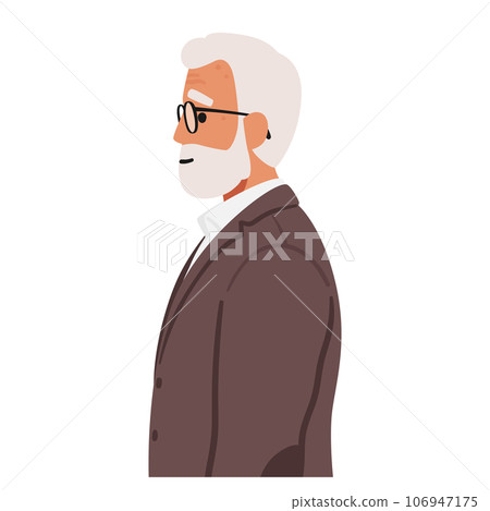 Dignified Senior Man Character With A Weathered White Beard and Glasses, Stands In Profile, Exuding Wisdom 106947175