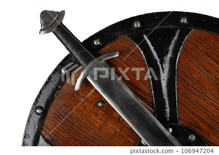 Vintage viking round shield with sword Vintage viking round shield with sword 106947204