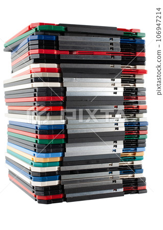 Colored old retro floppy diskettes in stack. 106947214