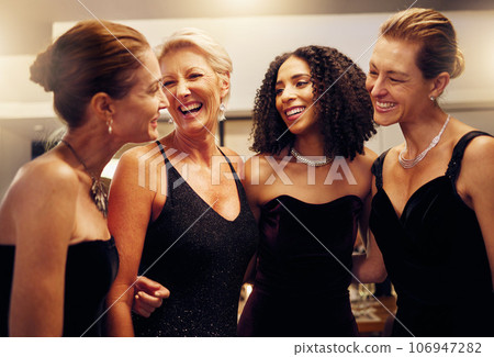 Happy, funny or friends hug in a party in celebration of goals or new year at a luxury womens social event. Smile, girls night or people speaking, talking or bonding at dinner gala laughing at gossip Happy, funny or friends hug in a party in celebration of goals or new year at a luxury womens social event. Smile, girls night or people speaking, talking or bonding at dinner gala laughing at gossip 106947282