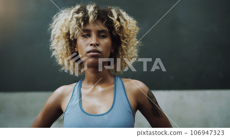 Fitness, portrait and woman runner on wall background for training, mindset and exercise with mockup. Face, attitude and lady with focus outdoor for running, workout or healthy lifestyle routine run 106947323
