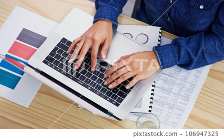 Hands, laptop and finance from above with a business woman typing on a keyboard in her accounting office. Computer, documents and financial budget with an employee planning an investment strategy Hands, laptop and finance from above with a business woman typing on a keyboard in her accounting office. Computer, documents and financial budget with an employee planning an investment strategy 106947325