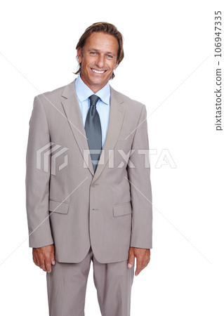 Businessman, portrait and corporate ceo with success and leadership, executive isolated against white background. Business man, management and motivation with vision, goals and professional mockup 106947335
