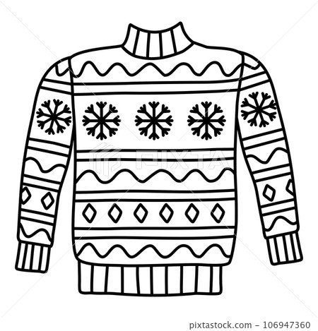 Warm knitted sweater with snowflakes and geometric pattern, doodle style flat vector outline Warm knitted sweater with snowflakes and geometric pattern, doodle style flat vector outline 106947360