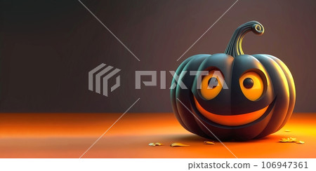 Cute tricky black decorative pumpkin for Halloween. Halloween banner with space for text Cute tricky black decorative pumpkin for Halloween. Halloween banner with space for text 106947361