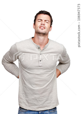 Back pain, spine injury and studio man with emergency crisis, anatomy problem or inflammation. Medical healthcare, muscle strain accident and hurt young model with fibromyalgia on white background Back pain, spine injury and studio man with emergency crisis, anatomy problem or inflammation. Medical healthcare, muscle strain accident and hurt young model with fibromyalgia on white background 106947373