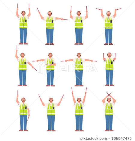 Marshaller signals. Aircraft marshalling hand signal for safety landing airplane or helicopter, man signaler on runway airport plane traffic controller, classy vector illustration Marshaller signals. Aircraft marshalling hand signal for safety landing airplane or helicopter, man signaler on runway airport plane traffic controller, classy vector illustration 106947475