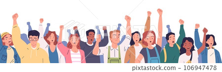 Crowd protesters fists. Angry protester with fist up on political demonstration strike or revolution, protesting anger people raise hand 106947478