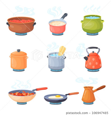 Boiling food on stove. Cooking smell foods pot on cooker with gas fire flames, cook heat soup in stainless saucepans, open steam pans saute kettle cartoon neat vector illustration 106947485