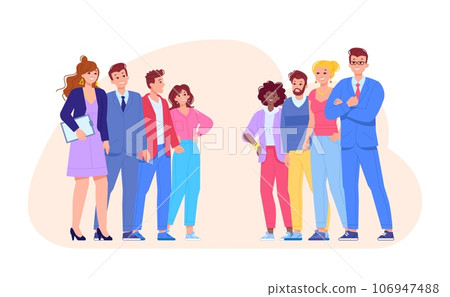 Teams opposition. Team rivalry, people opposite business opponents, corporate battle war employees competition group with leader work challenges concept, job vector illustration 106947488