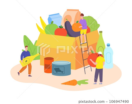Shelter food donation. Volunteer teamwork collects meal in box storage for hunger people, grocery aid volunteering charity assistance service person foods share vector illustration 106947490
