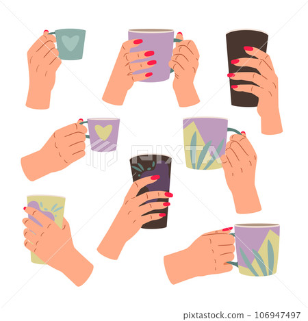 Collection of hands holding different mugs, glasses, cups with drinks Collection of hands holding different mugs, glasses, cups with drinks 106947497