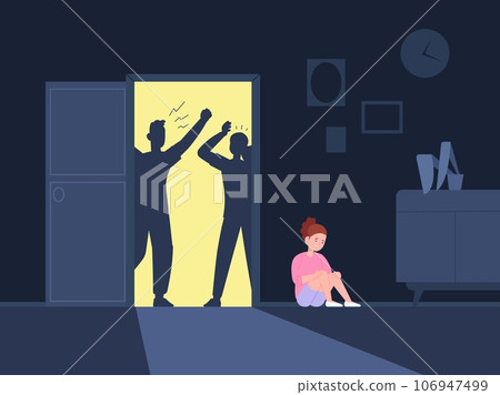 Child fear divorce. Miserable sad children from family quarrel, screaming divorced couple parents and suffering teenager girl 106947499