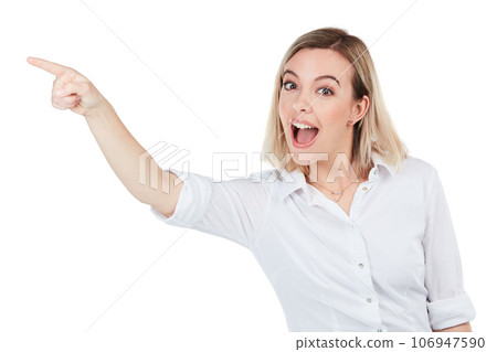 Advertising, promotion and woman pointing finger on a white background for deal, discount and promo sign. Mockup, display and hand gesture of isolated girl for presenting, sale news and announcement 106947590