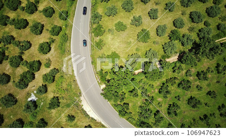 drone over road and olive field 106947623