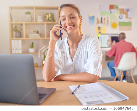 Business call, phone and discussion of a woman in a office with communication and networking. Happy, female and mobile planning with a smile with professional information and creative work startup Business call, phone and discussion of a woman in a office with communication and networking. Happy, female and mobile planning with a smile with professional information and creative work startup 106947643