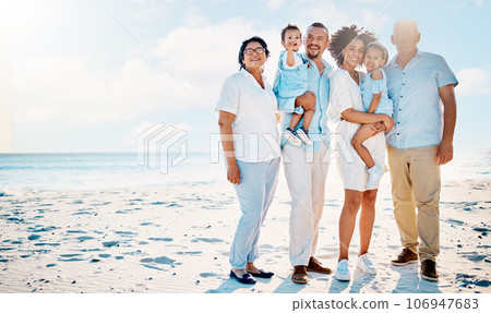Happy portrait, beach love or big family bonding, relax or enjoy quality time together for vacation, holiday peace or freedom. Sea mockup, outdoor travel sky or nature people in Rio de Janeiro 106947683