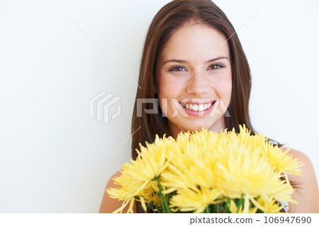 Flower bouquet, portrait and happy studio woman with floral product, sustainable gift or yellow spring present. Mockup face, advertising space and eco friendly model girl isolated on white background 106947690