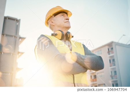 Construction worker, senior man and architecture, leadership mindset with contractor outdoor in city. Renovation, building industry and builder thinking with urban job site and property development Construction worker, senior man and architecture, leadership mindset with contractor outdoor in city. Renovation, building industry and builder thinking with urban job site and property development 106947704
