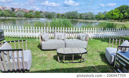 garden furniture near the pond garden furniture near the pond 106947705