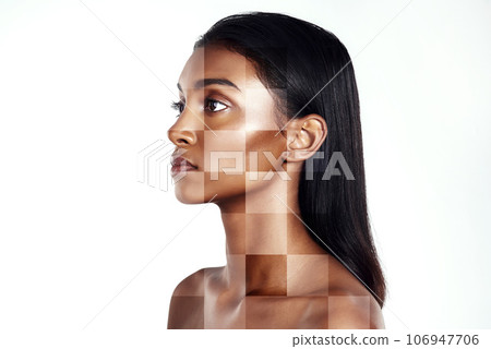 Face, skincare and foundation for plastic surgery with a woman in studio isolated on a white background. Skin, beauty and change or transformation with double exposure on a confident young model Face, skincare and foundation for plastic surgery with a woman in studio isolated on a white background. Skin, beauty and change or transformation with double exposure on a confident young model 106947706