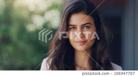 Serious, portrait and business woman in city for mockup, professional and focus. Space, modern and natural with face of female employee in New York outdoors for urban, confident and pride Serious, portrait and business woman in city for mockup, professional and focus. Space, modern and natural with face of female employee in New York outdoors for urban, confident and pride 106947707
