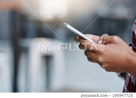 Woman, hands and phone of student typing on social media for communication, texting or networking at campus. Hand of person or university learner chatting on mobile smartphone app on mockup space 106947728