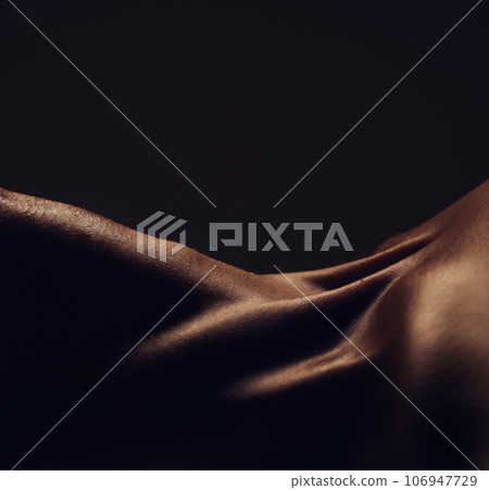 Nude, body and silhouette, woman and closeup, sexy with dark aesthetic, art with skin and sensual on black background. Desire, beauty and creative with seduction, darkness and naked female in studio 106947729