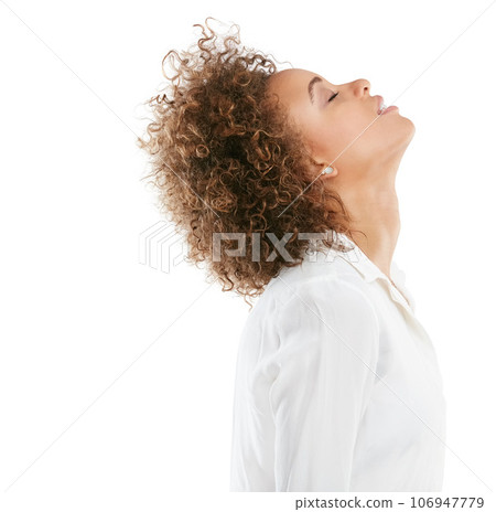 Black woman, relax and meditation in studio for mindset, zen and breathing on white background. Peace, girl and corporate employee mediate before start of work, deep breathing and standing isolated Black woman, relax and meditation in studio for mindset, zen and breathing on white background. Peace, girl and corporate employee mediate before start of work, deep breathing and standing isolated 106947779