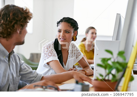 Woman, computer or people in office talking or speaking of digital business or research project on break. Relax, discussion or employees in conversation about on online blog or internet article 106947795