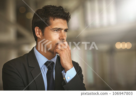 Business, thinking and man with stress, ideas and thoughts with deadline, schedule and wonder. Male person, employee or entrepreneur with opportunity, depression and anxiety with burnout and decision 106947803