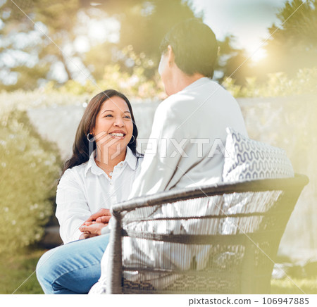 Woman, mature mother or talking in garden on mothers day or women bonding for support or love. Holding hands, retirement or mom with a happy daughter in outdoor backyard together on holiday vacation 106947885