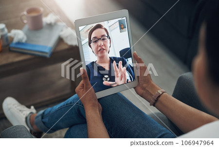 Tablet, virtual consulting with a doctor and a patient in the home for healthcare, medical or online meeting. Video call, telehealth and remote with a person talking to a medicine professional expert Tablet, virtual consulting with a doctor and a patient in the home for healthcare, medical or online meeting. Video call, telehealth and remote with a person talking to a medicine professional expert 106947964