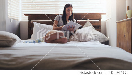 Notebook, writing and woman in bed with a diary for idea, memory or personal entry in her home. Book, journal and female person with notes for brainstorming, idea and creative life goal in a bedroom 106947973