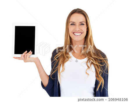 Tablet, screen and happy woman in portrait isolated on white background and mockup space for online marketing. Face of person or digital user for technology in hand, software or application in studio 106948106