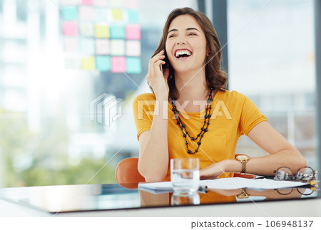 Happy woman in business, phone call and laughing with communication in office with conversation and contact. Positivity, professional female person networking or casual discussion on mobile 106948137